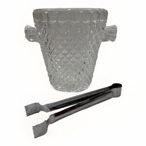 Vintage Anchor Hocking Ice Bucket w/ Tongs Diamond Cut Mid Century Modern Beauty